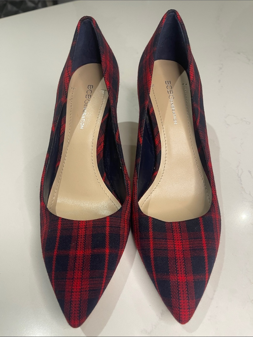 BCBGeneration Red and Black Plaid Pointed Toe Pumps